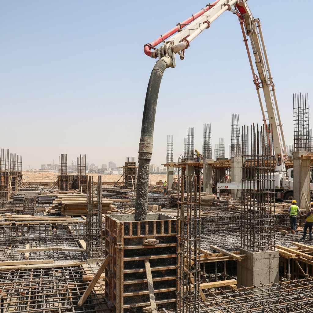 A dramatic close-up view of a powerful concrete pump in action at a large construction site in Saudi Arabia, its long articulated boom extended over dense steel reinforcement. Fresh, smooth gray concrete flows from the rubber hose into precisely formed columns, captured mid-pour with subtle texture and sheen. The surrounding setting shows partially built reinforced concrete structures, timber formwork, and stacked rebar cages. The scene is lit by bright, slightly angled midday sunlight, creating crisp highlights on metal surfaces and well-defined shadows. Photographic realism from a low-angle perspective, emphasizing the scale and reach of the pump, with a dynamic, energetic mood that conveys efficiency and advanced construction capabilities.