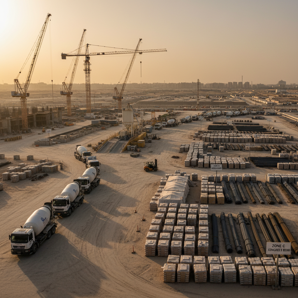 A wide panoramic shot of a major infrastructure project on the outskirts of Makkah, featuring multiple tower cranes, ready mix trucks arriving at a coordinated logistics area, and neatly arranged construction materials. Pallets of cement bags, bundles of steel rebar, and stacks of concrete blocks are organized in labeled zones, suggesting meticulous project management. The dusty ground contrasts with the clean, well-maintained machinery. Soft golden hour light bathes the scene, casting long shadows and a warm glow over the entire site. Photographic realism with sharp focus throughout, composed using the rule of thirds to balance machinery, materials, and the desert skyline, creating a mood of large-scale capability and dependable project delivery.